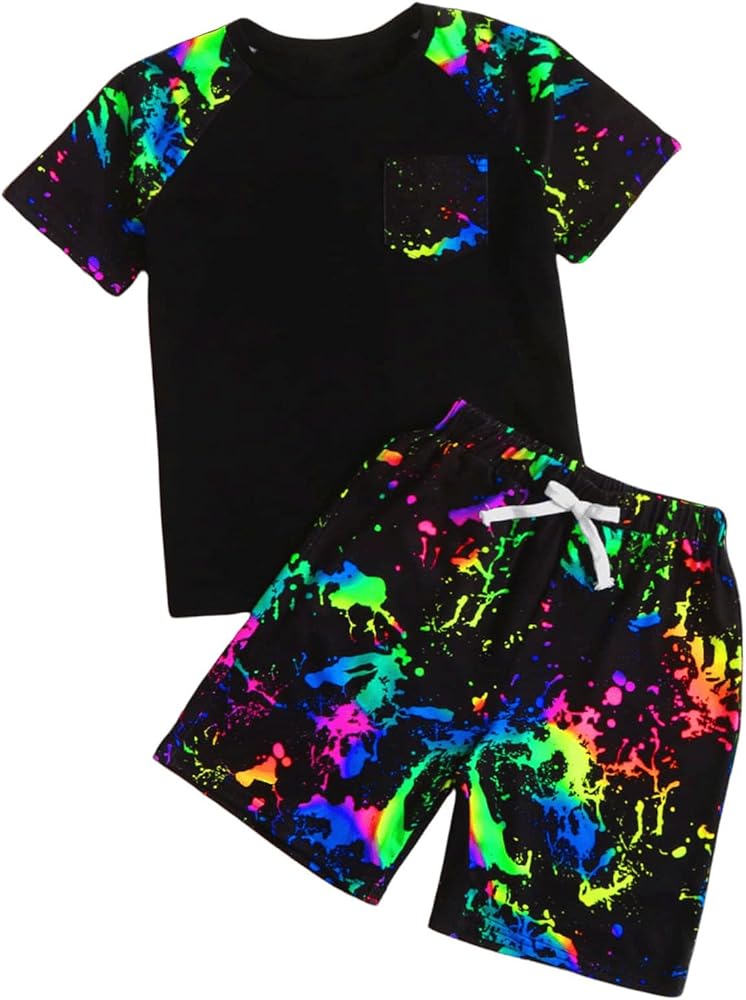 Floerns Boy's 2 Piece Outfit Raglan Sleeve Tie Dye Pocket Patched Tee and Drawstring Waist Track Shorts Sets