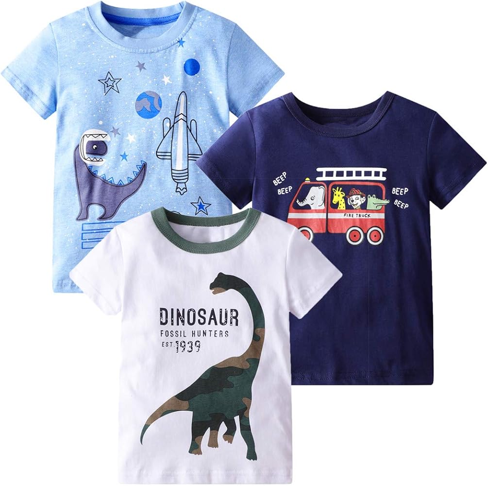 Boy Tee 3-Pack Yellow Navvy Blue Car Green Cartoon Appliques Short Sleeve Crewneck T-Shirts Top Size 7