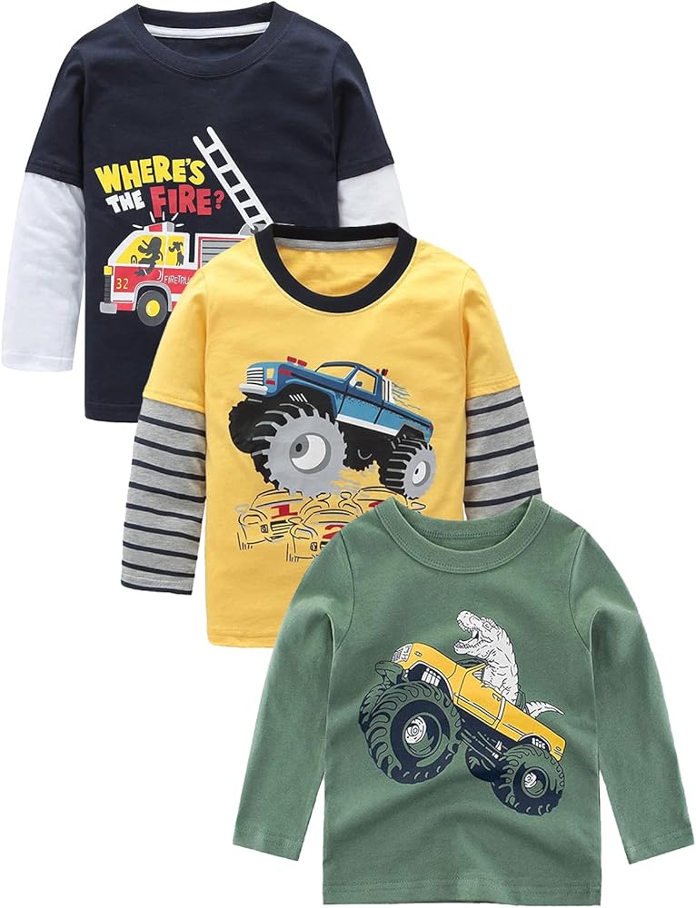 Boys Long Sleeve T-Shirts Casual Cotton Shirts Graphic Active Crewneck Tee Shirts for Toddler Kids Boys 3 Pack