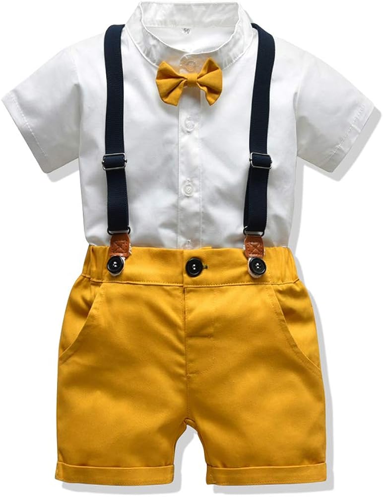 Toddler Boys Clothes Short Sleeve Bowtie Shirt+Straps Shorts Outfits Suits Gentleman Tuxedos