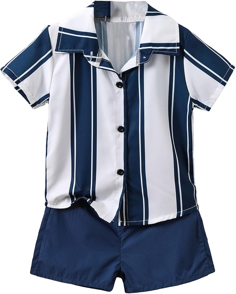 Verdusa Boy's Shorts Sets Striped Short Sleeve Button Down Top Solid Shorts Summer Outfit