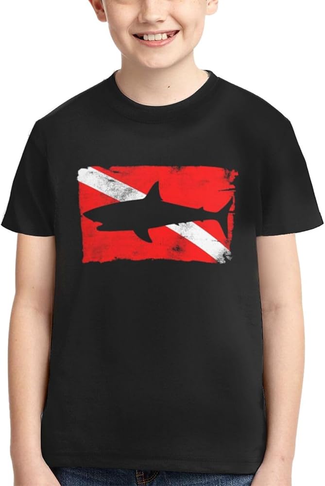 Vintage Shark Scuba Dive Flag Shirts Youth Short-Sleeve T-Shirts Active T Athletic Tops Tee for Boys & Girls