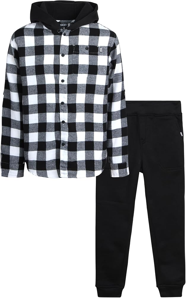 DKNY Boys' Shirt - 2 Piece Woven Button Down Shirt with Hood and Jogger Pants - Matching Outfit Clothing Set for Boys, 4-12