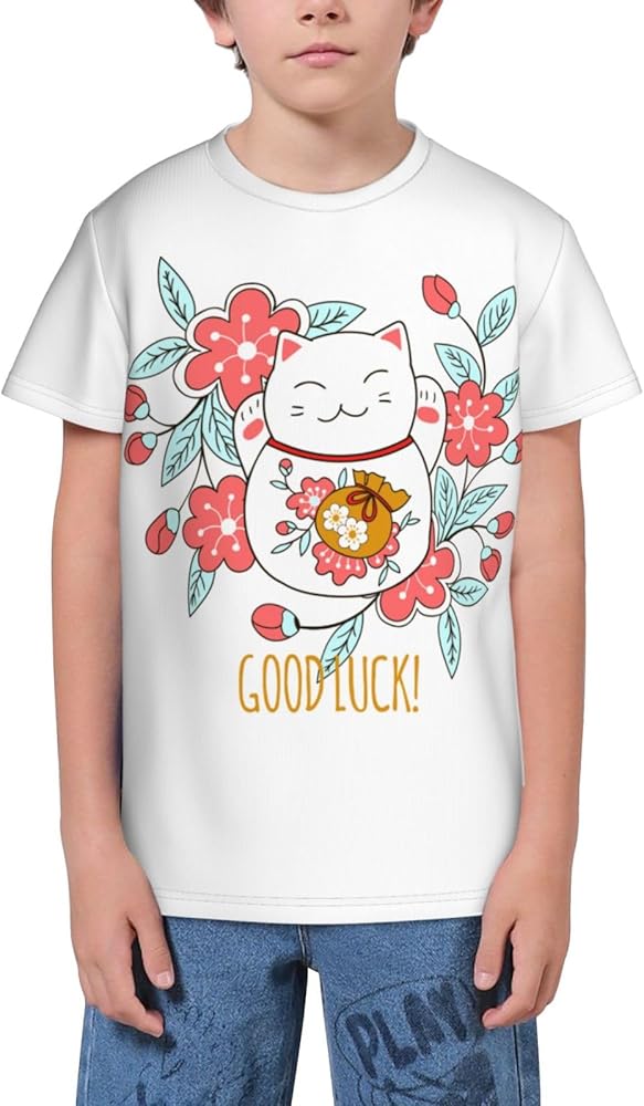 Luck Cat Flower Teen Boys Short Sleeve Crew Neck T-Shirt Casual Tee Tops for Youth Kids