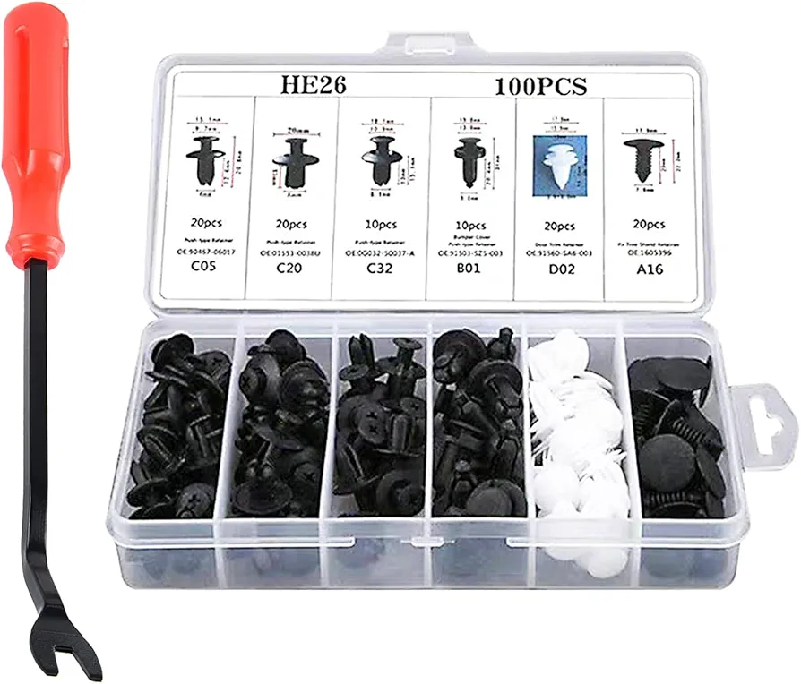 100 PCS Car Bumper Retainer Clips, 6.3mm 8mm 9mm 10mm Nylon Fasteners Rivet Replacement Kit, Push-in Screw Bumper Push Rivet Clip with Removal Tool, Suitable for Most Models (Black)