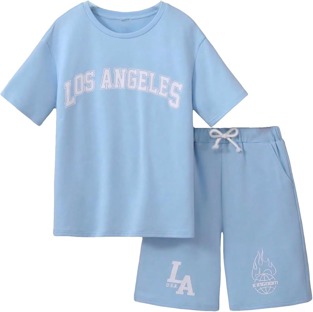 Floerns Boys 2 Piece Outfit Letter Print Short Sleeve Tee Shirt with Shorts Set