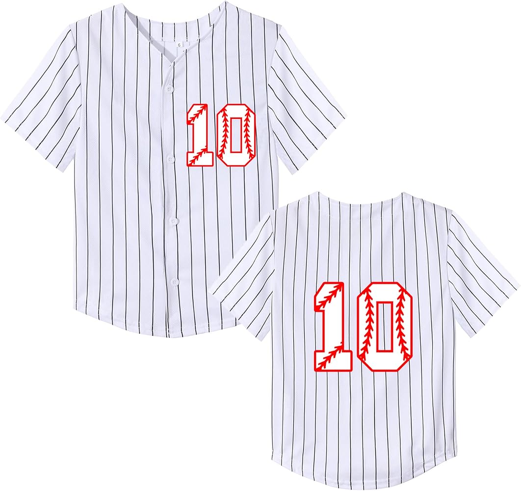 Kids Baseball Jersey Boys 10th Birthday Gift Print Number 10 T-Shirt Girls Trendy Hip Hop Button Short Sleeve Tops