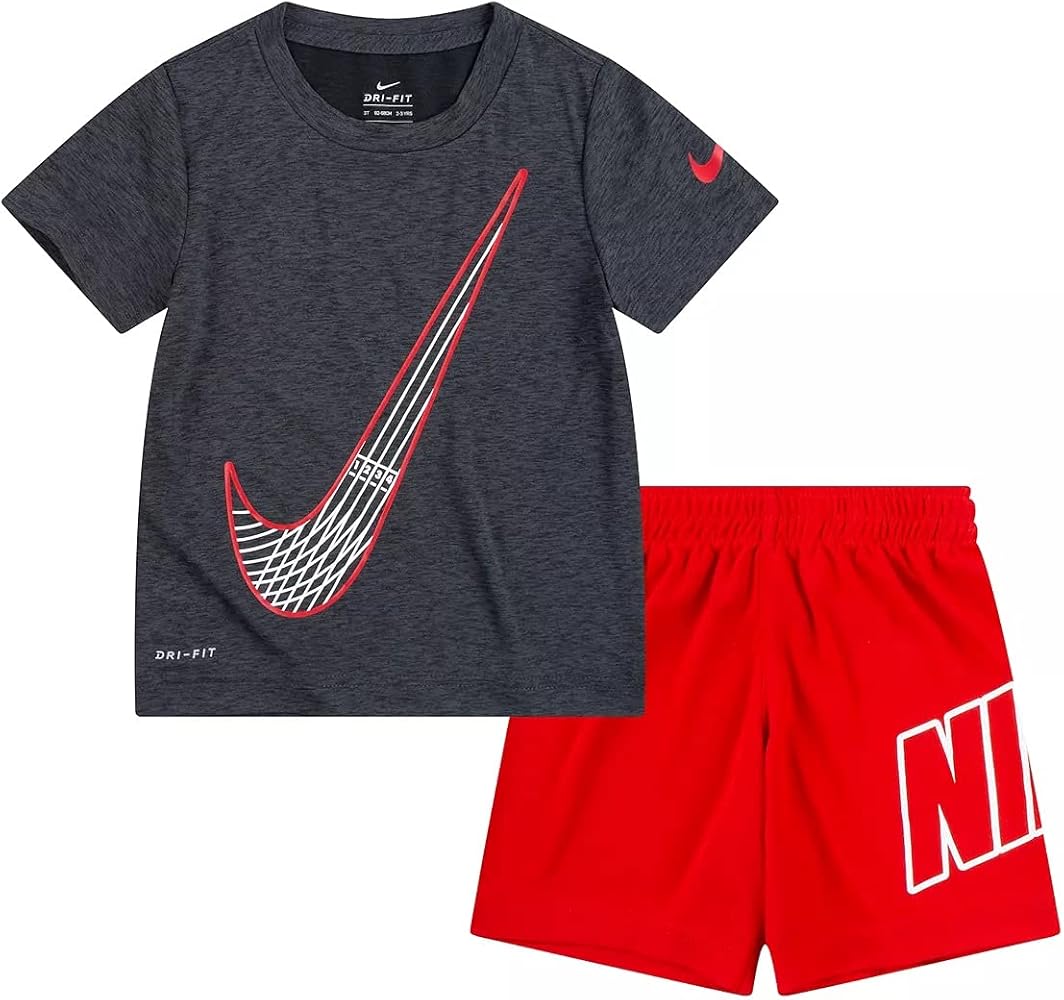 Nike Boy`s Dri-FIT Short Sleeve Dropsets T-Shirt and Shorts 2 Piece Set (Red(86H365-U10)/Grey, 6)