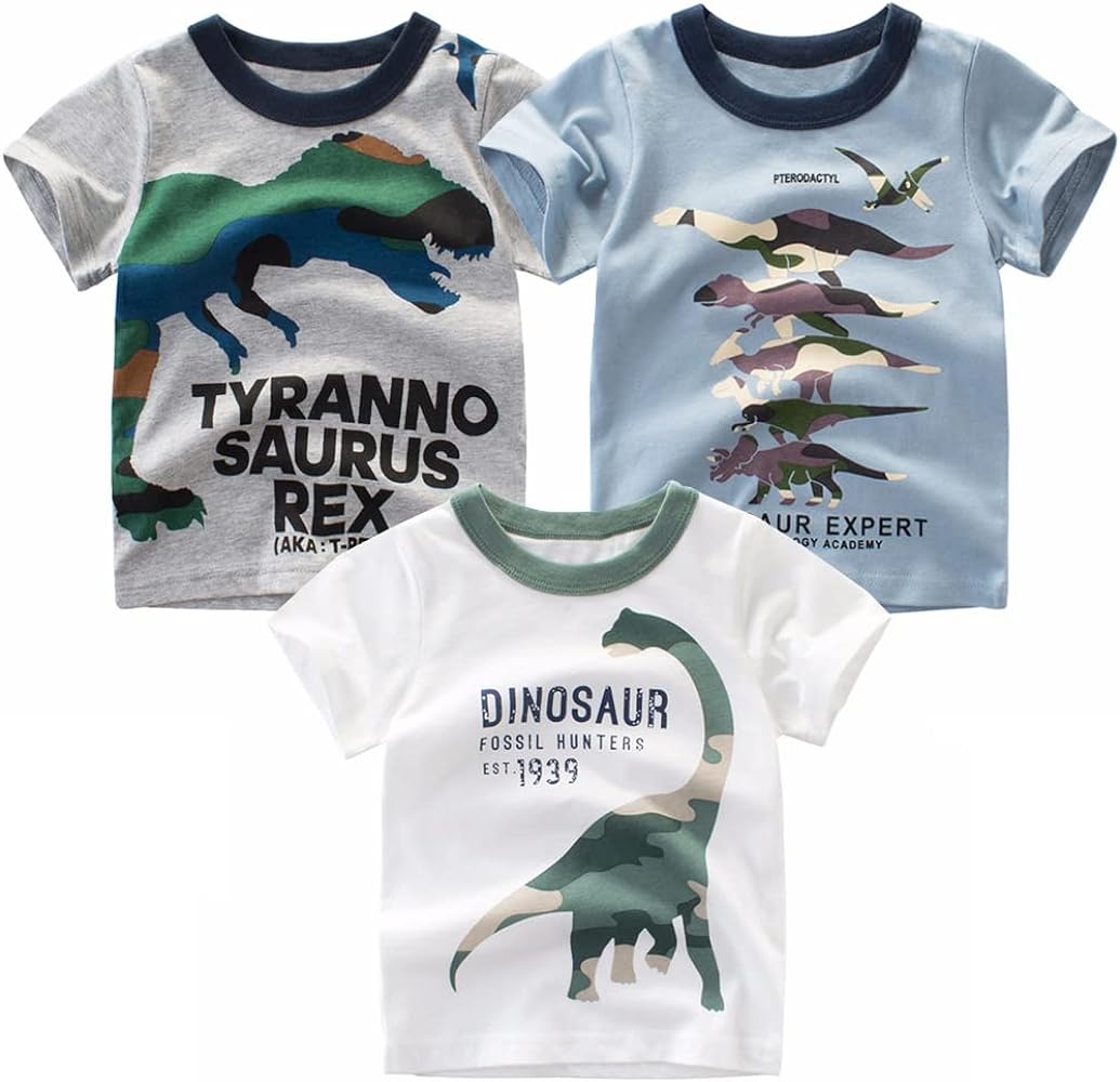 Toddler Boys Dinosaur Shark T-Shirts Short Sleeve Car Excavator Graphic Tees