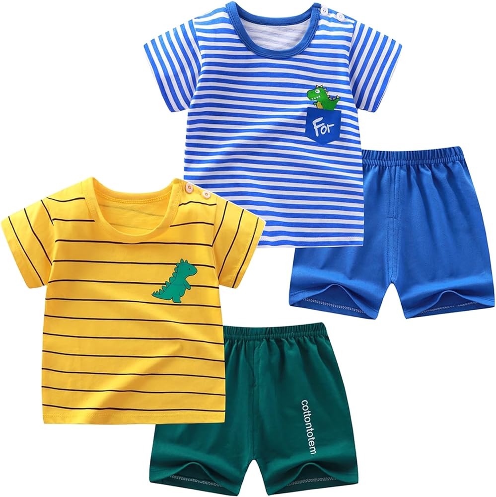 Toddler Boys 4 Pieces T-shirts and Shorts Summer Outfit Striped Shirt Short Set