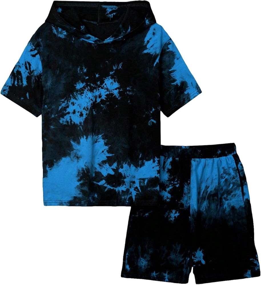 SweatyRocks Boy's 2 Piece Outfits Tie Dye Short Sleeve Hooded Top and High Waisted Shorts Summer Clothes Sets