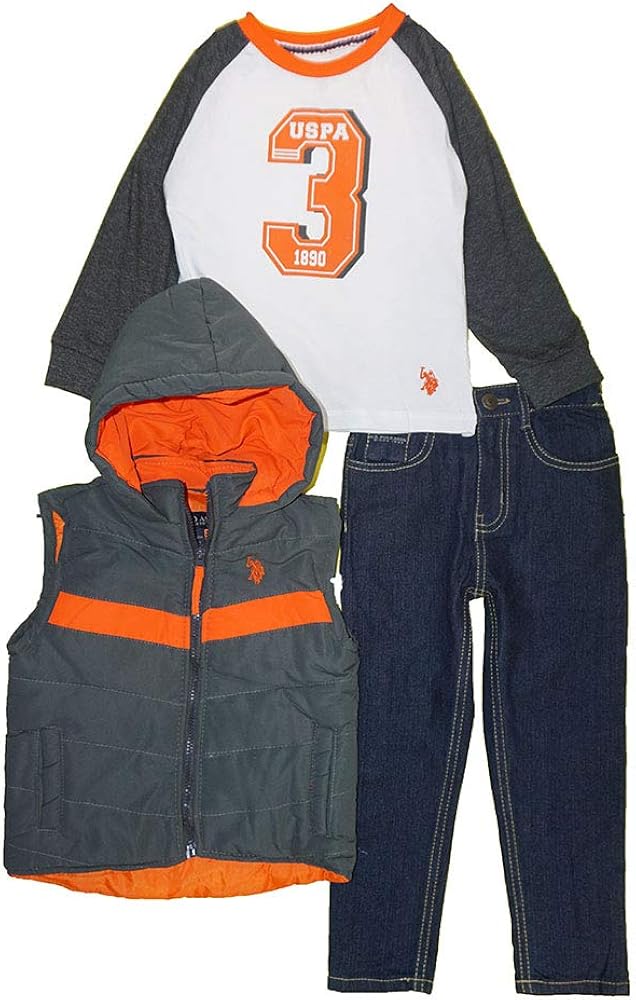 U.S. Polo Assn. boys Bubble Vest, Long Sleeve T-shirt, and Denim Jean Set