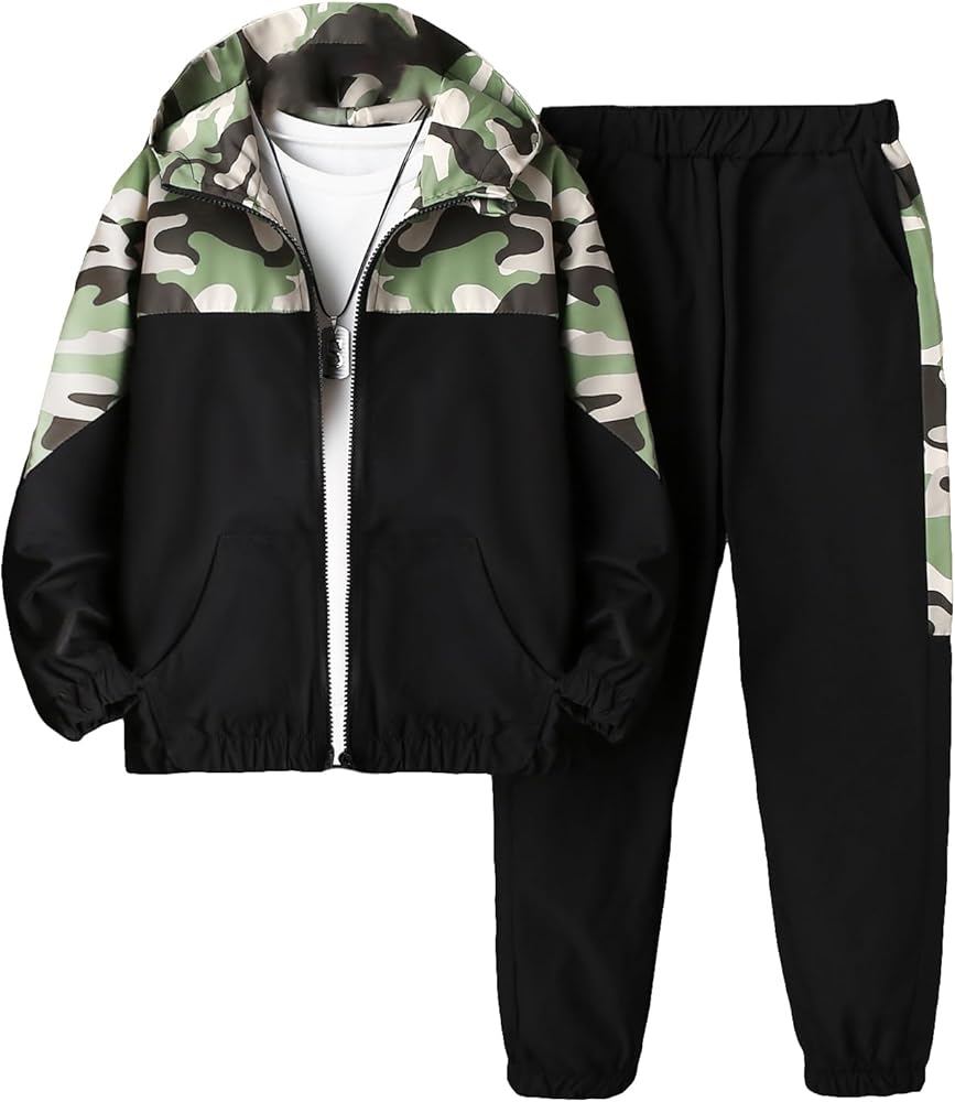 OYOANGLE Boy's 2 Piece Camo Print Long Sleeve Zipper Hoodie Jacket and Elastic Waist Jogger Pants Set Tracksuit