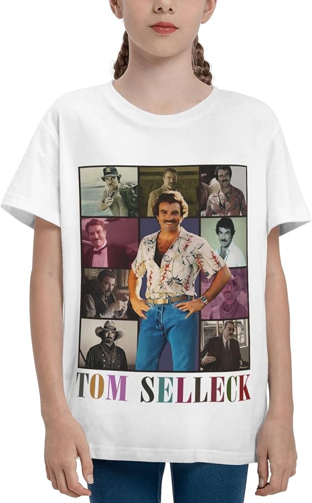 Tom Actor Selleck Shirt Boy's Girl's T Shirts Short Sleeve Graphic Tees Summer Casual Crewneck Tops White