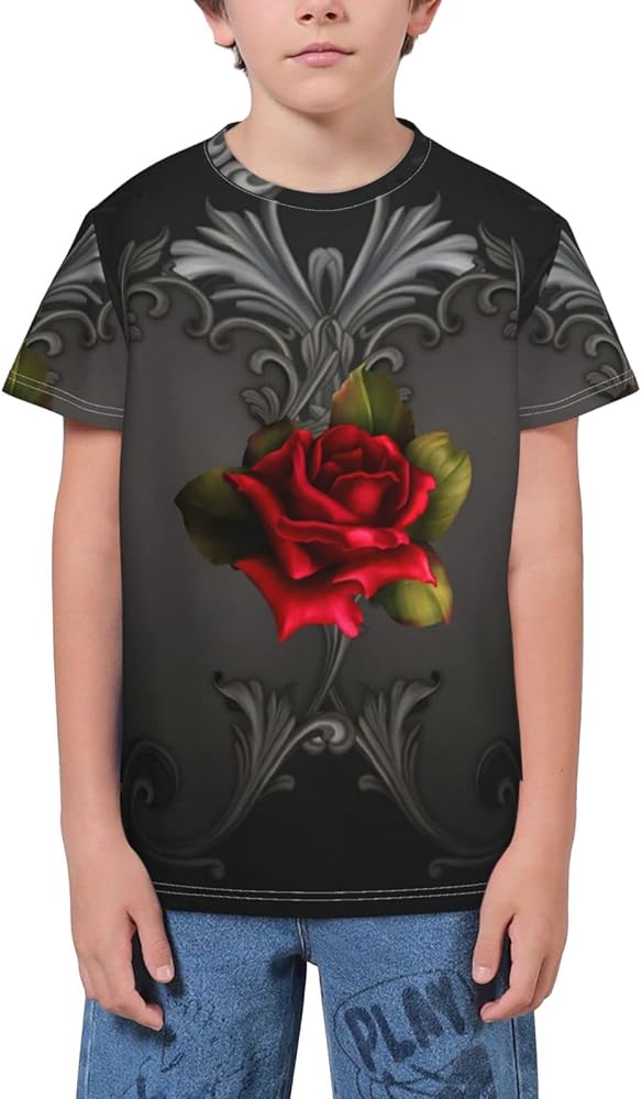 Gothic Glamour Red Rose Teen Boys Short Sleeve Crew Neck T-Shirt Casual Tee Tops for Youth Kids