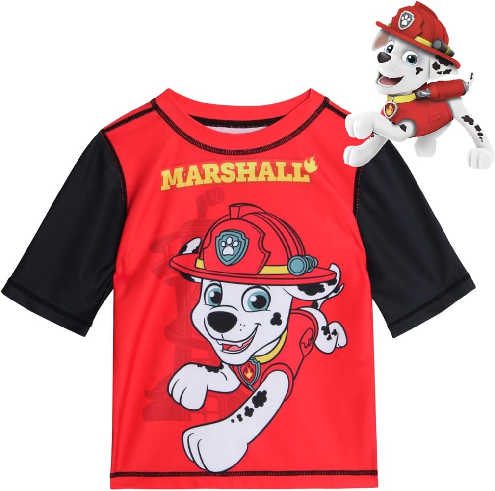 Nickelodeon Boys' Paw Patrol Rash Guard Top - Chase and Marshall - Quick Dry Sand and Sun Protection Swim Shirt (2T-12)