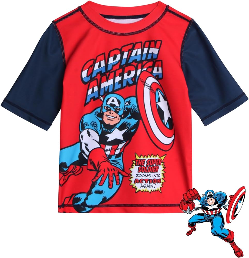 Marvel Boys' Avengers Rash Guard Top - Captain America, Spider-Man - Quick Dry Sand and Sun Protection Swim Shirt (2T-12)