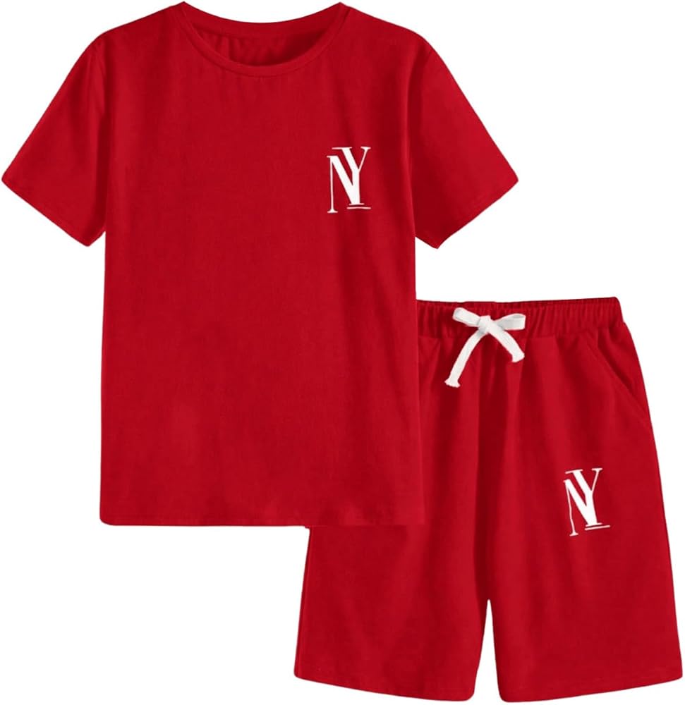 Floerns Boy's 2 Piece Outfits Letter Graphic Tee and Pocket Drawstring Waist Track Shorts Sets