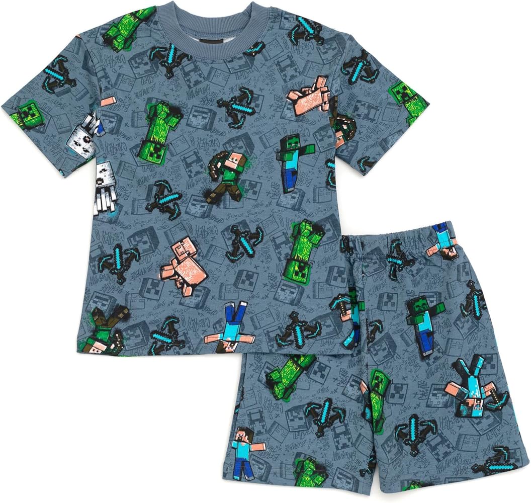 Minecraft Creeper Zombie Steve French Terry T-Shirt and Bike Shorts Outfit Set Little Kid to Big Kid