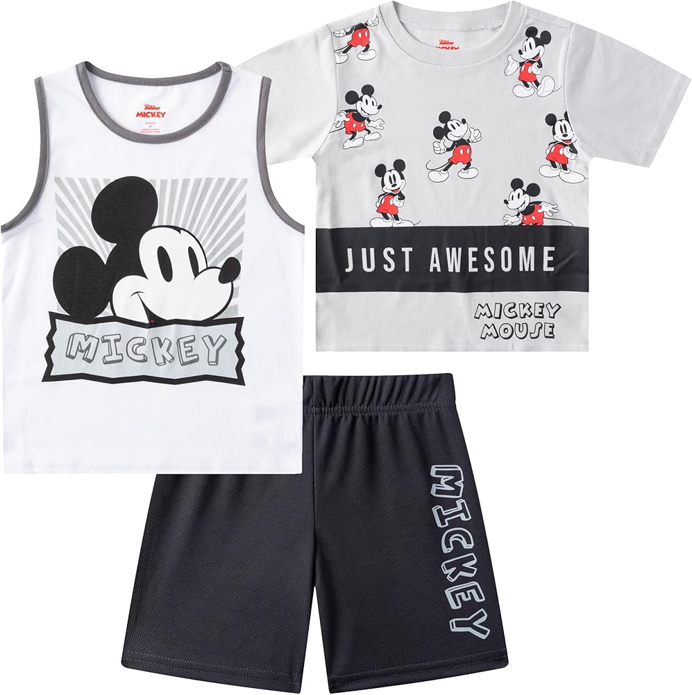 Disney Mickey Mouse Boys Short Sleeve T-Shirt, Tank Top and Shorts 3 Piece Set for Toddlers and Big Kids