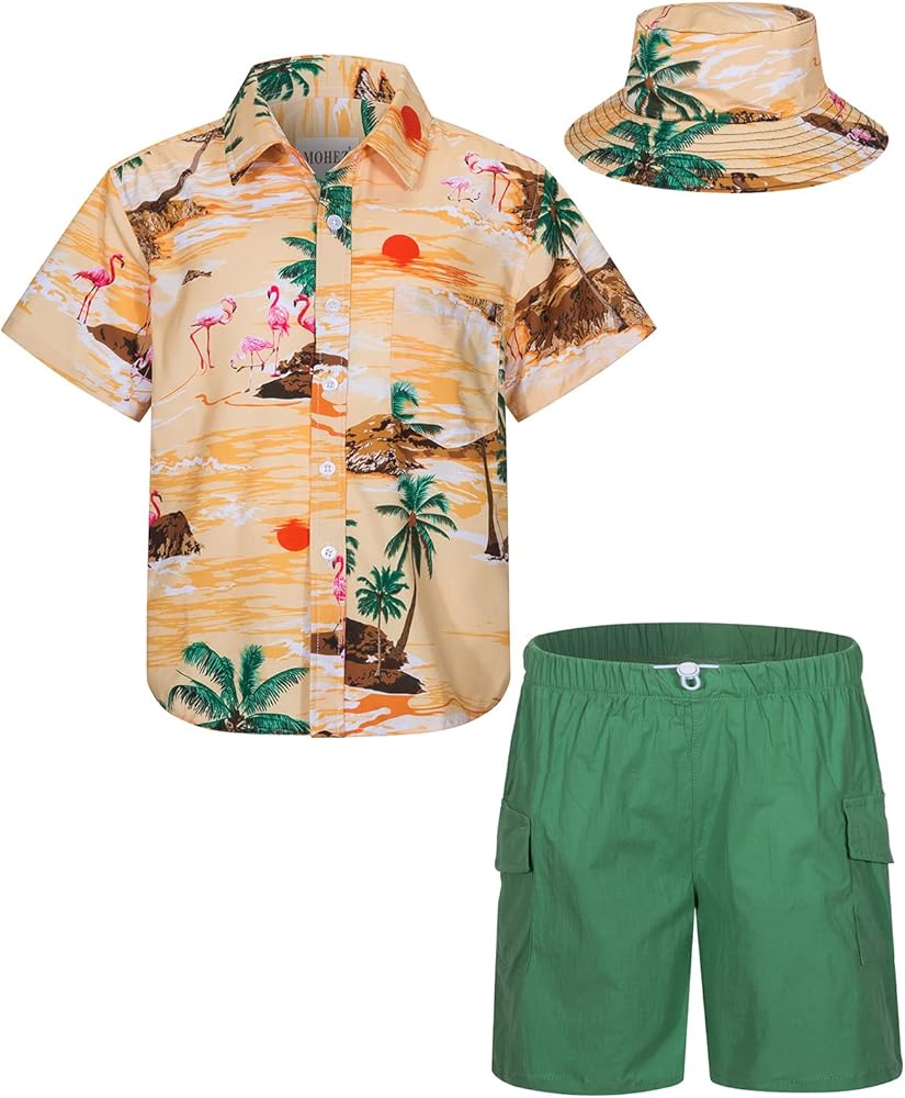 Boys Hawaiian Shirt and Short Set Summer Outfit Kids 2 Piece Clothes Set With Bucket Hat