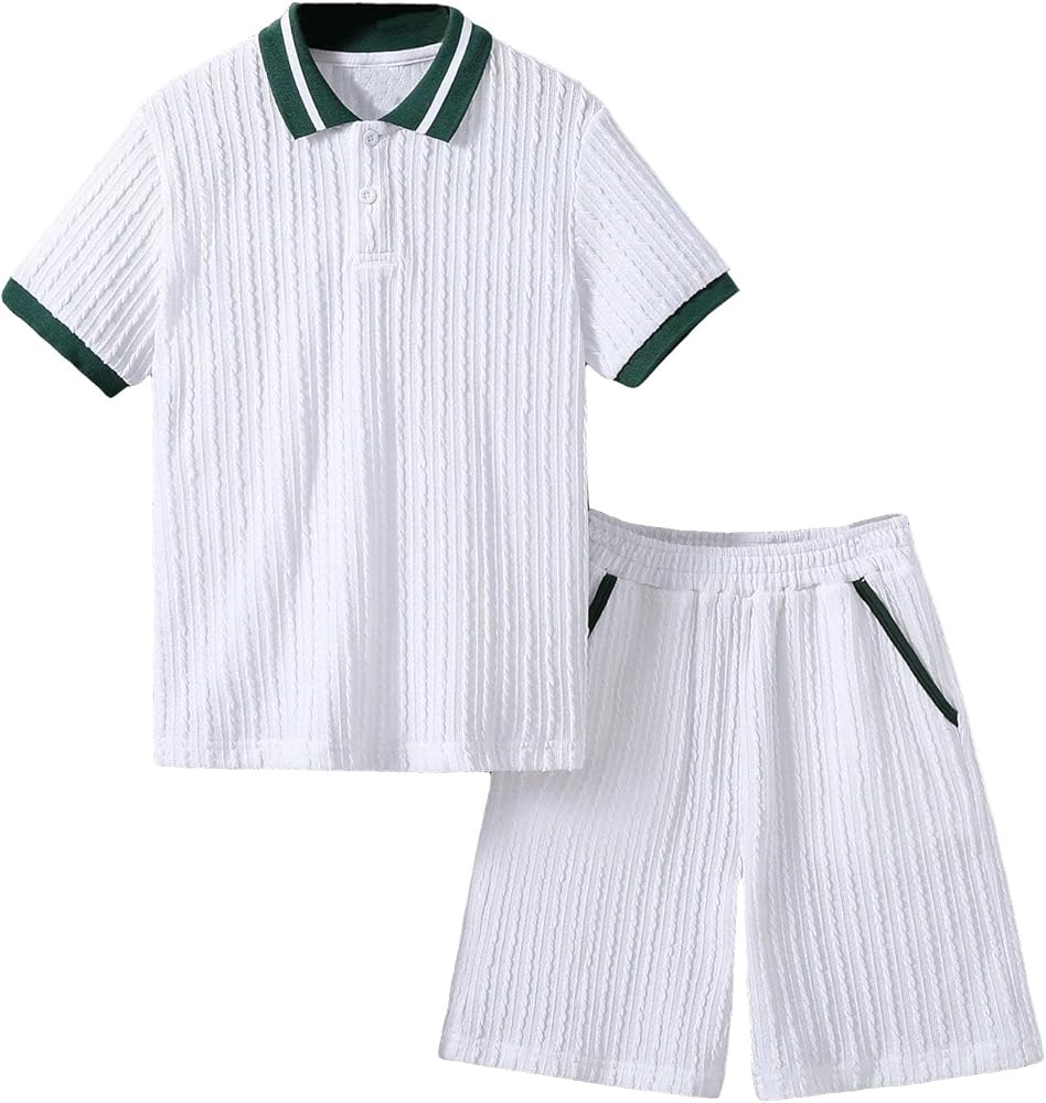 Verdusa Boy's 2 Piece Outfit Button Front Short Sleeve Textured Top and Shorts Sets