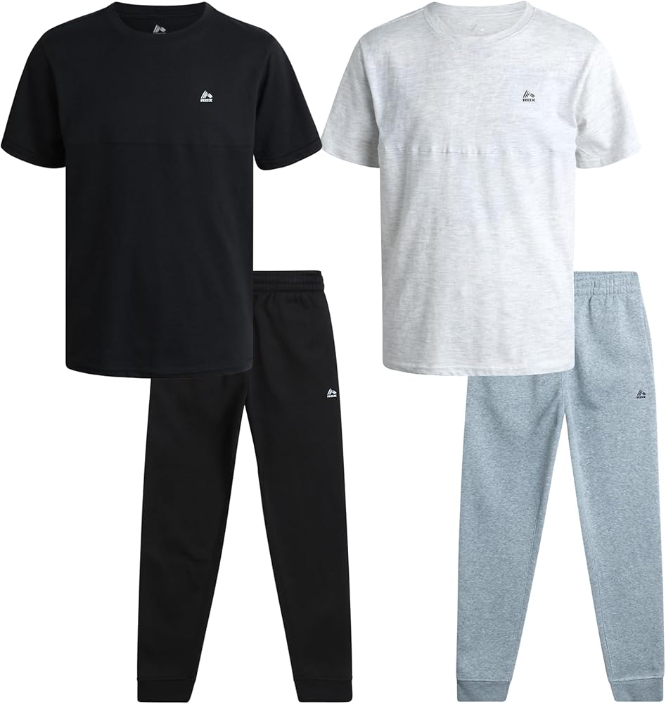 RBX Boys' Active Jogger Pants Set - 4 Piece Short Sleeve T-Shirt and Fleece Sweatpants - Matching Clothing Set for Boys, 4-12