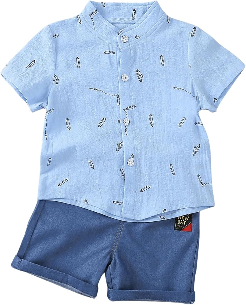 Floerns Toddler Boy's Button Down Short Sleeve Shirts with Shorts Set 2 Piece Outfit