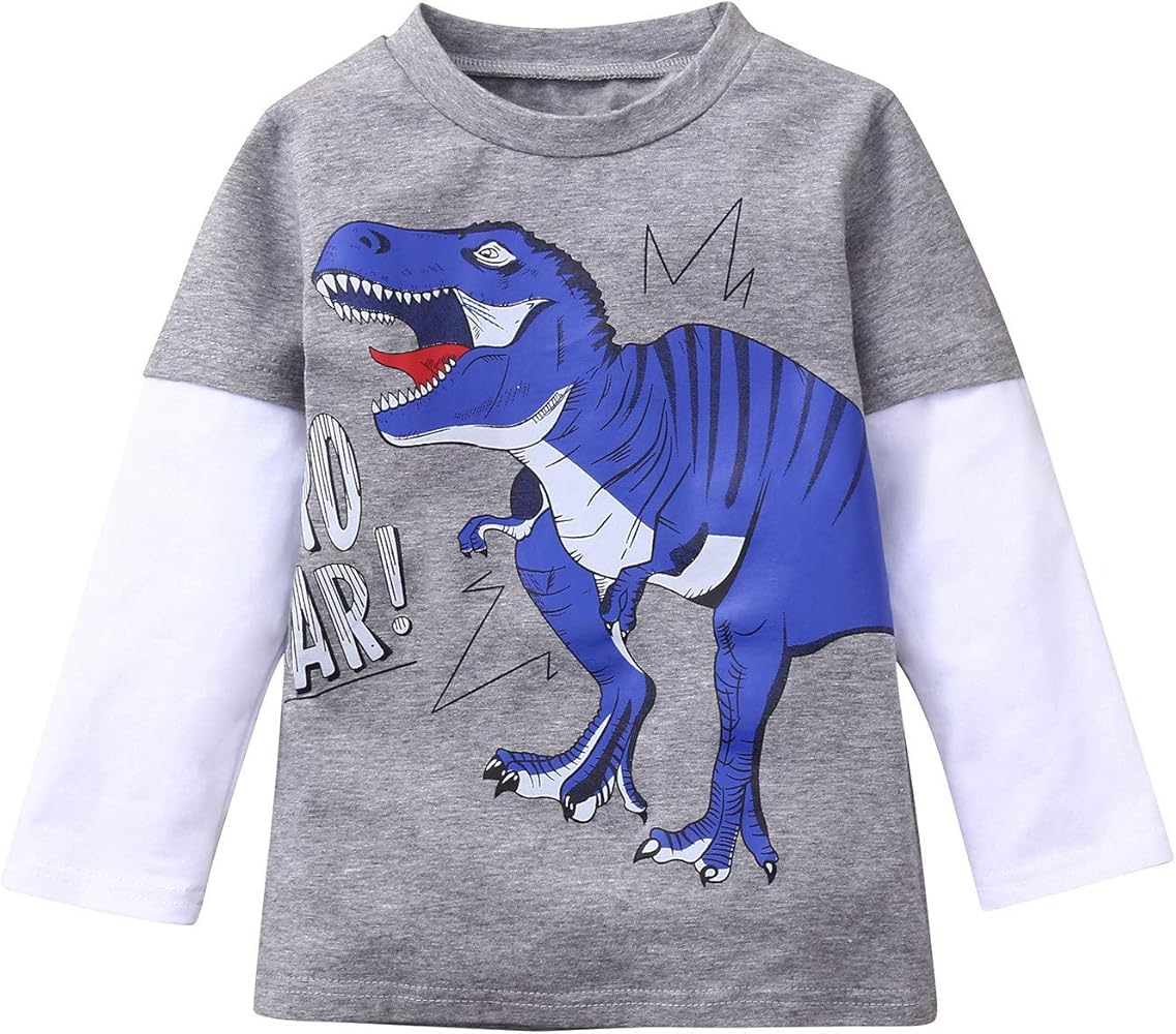 Toddler Kids Boys Girls Long Sleeve Patchwork Dinosaur Tops Shirt Clothes Boys Undershirts