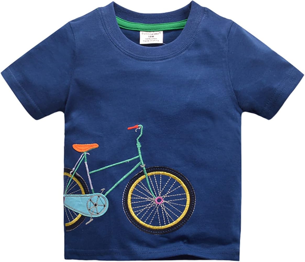 100% Cotton Kids Boys Summer Blue T-Shirt Short Sleeve Crewneck Bicycle Embroidery Pattern Toddler Tees Shirts Tops 18M-6T