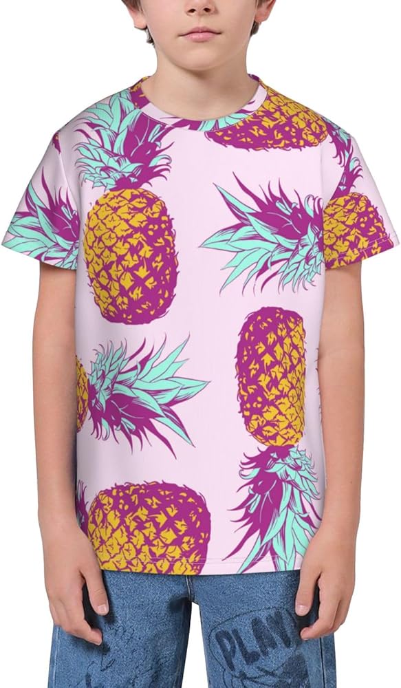 Pineapple Pink Teen Boys Short Sleeve Crew Neck T-Shirt Casual Tee Tops for Youth Kids