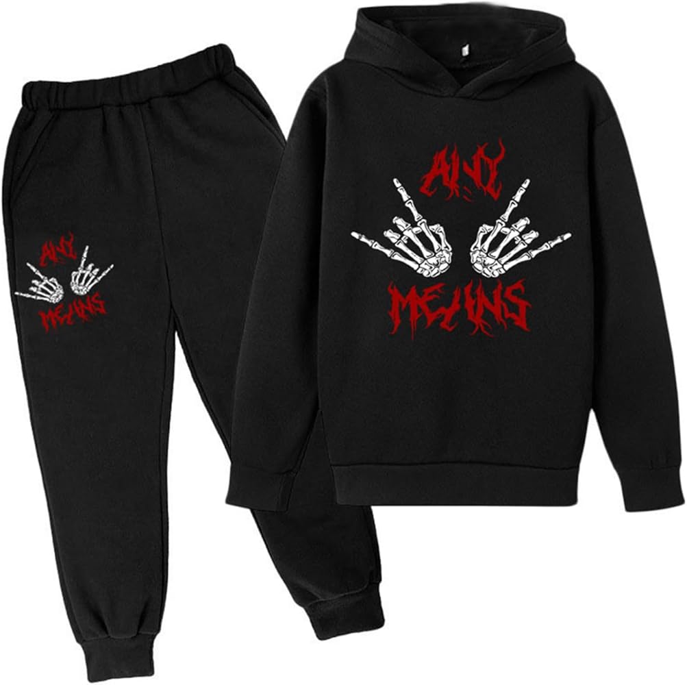 Kids Boys Girls 2 Piece Tracksuit Skeleton Hands Print Hoodie Sweatshirt and Sweatpants Jogging Suit Sportswear