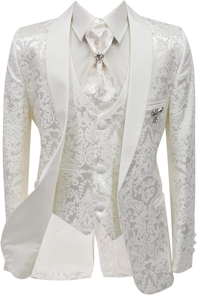 Boy’s Patterned Communion Tuxedo Suit in Ivory Slim Fit 5 Piece Complete Occasion Outfit Set