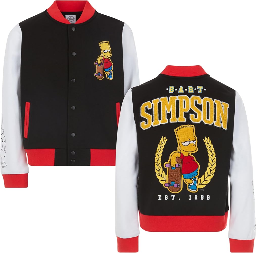 The Simpsons Boys' Bart French Terry Button Up Varsity Bomber Jacket Little Big Kid