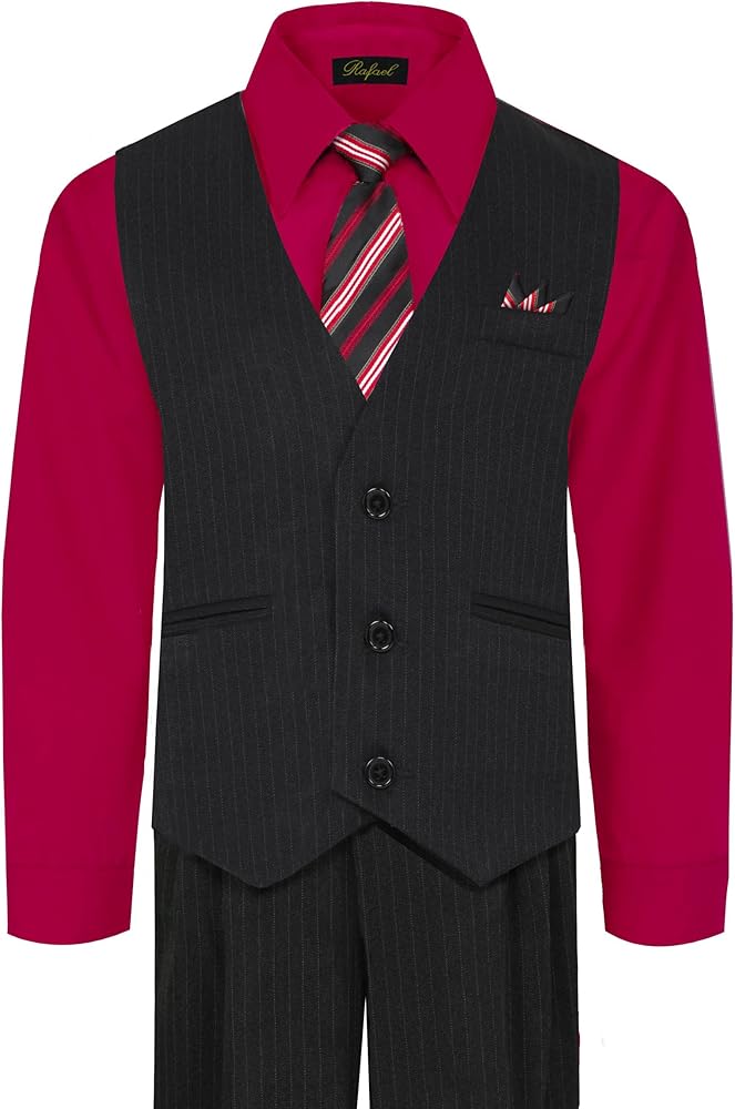 Rafael Boy's Vest and Pant Set, Includes Shirt, Tie and Hanky - Black/Red, 8