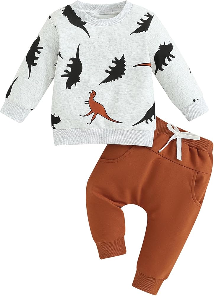 Thorn Tree Toddler Boys Dinosaur Clothes Set Crewneck Sweatshirt Long Sleeve Sweater Solid Pocket Pants Fall Outfits