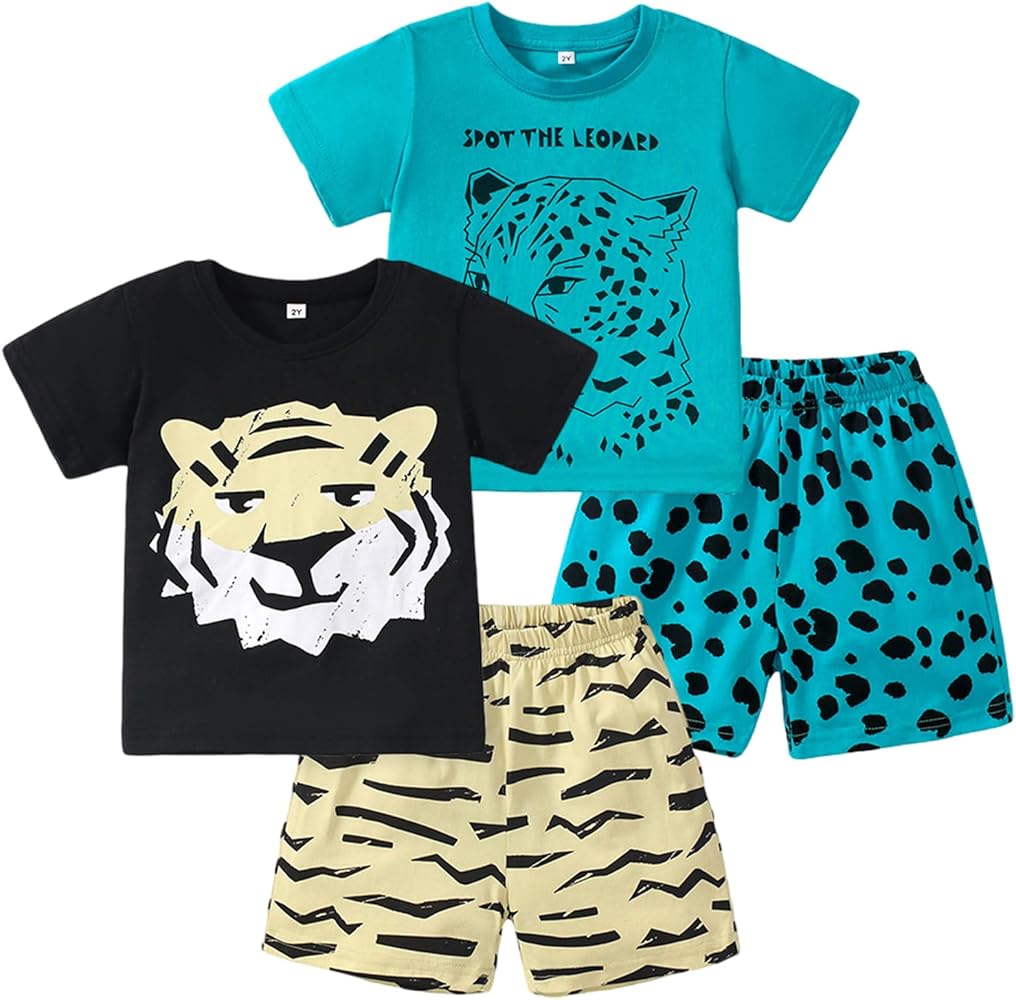 Toddler Boys Summer Outfit 4 Pcs Little Boy Cotton Printed Clothes Short Sleeve T-Shirt and Shorts Set