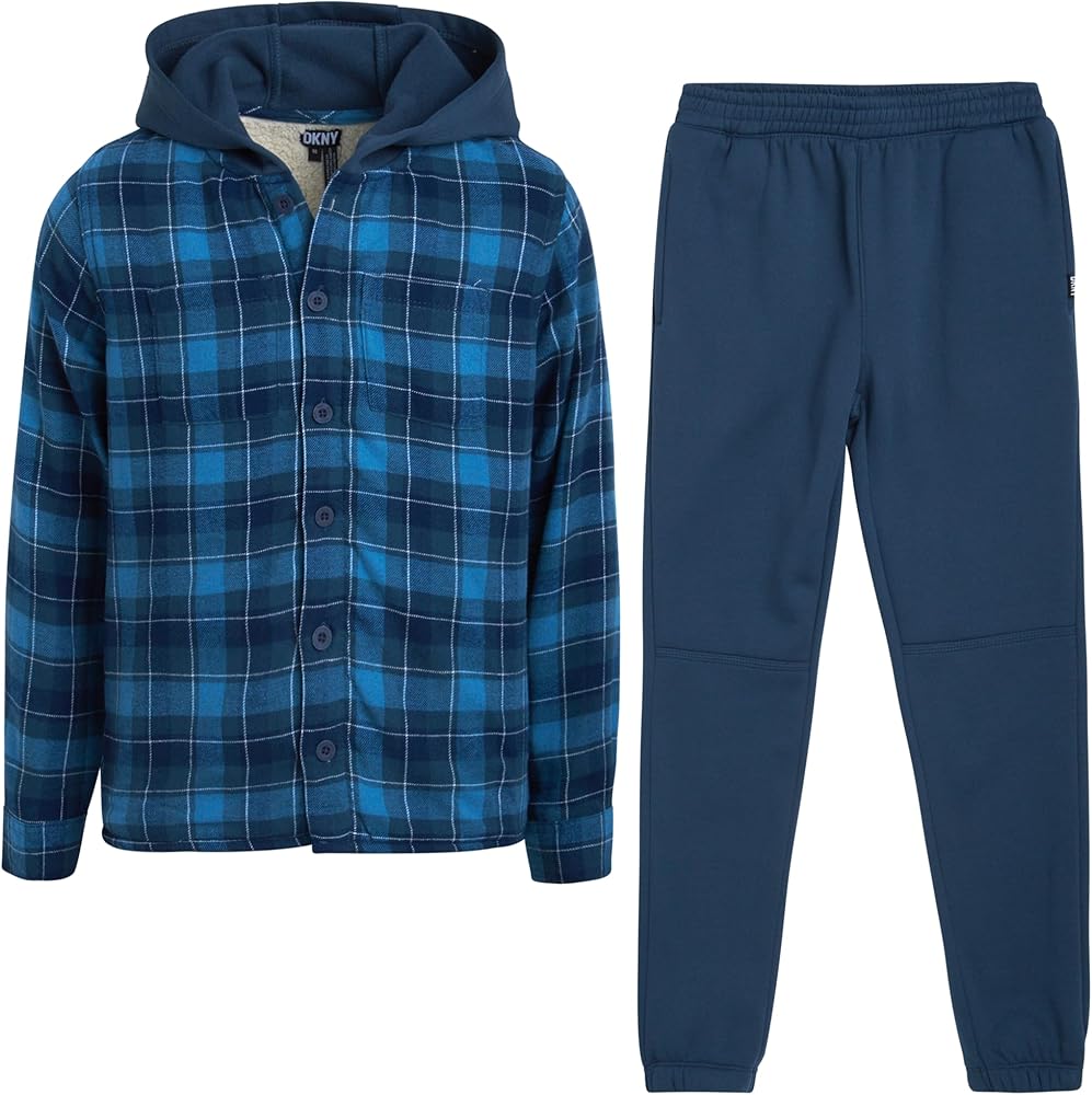 DNKY Boys' Pants Set - 2 Piece Sherpa Lined Plaid Flannel Shirt and Fleece Jogger Sweatpants - Clothing Set for Boys (4-12)