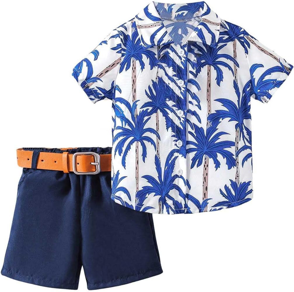 Boy's Casual Two Piece Shorts Sets with Tropical Print Button Down Short Sleeve Shirt