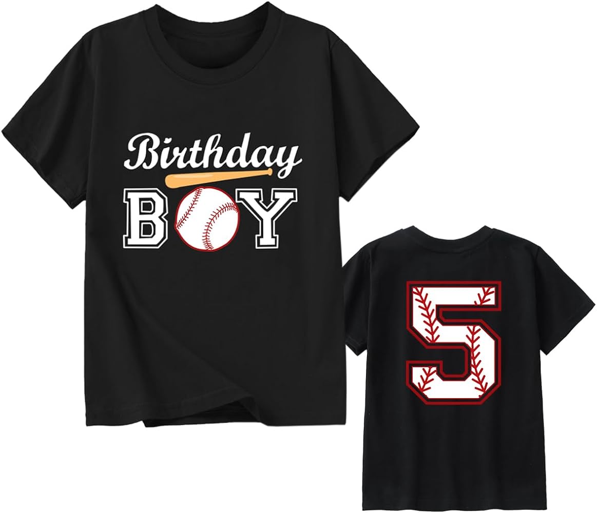 Boys' Birthday Baseball Theme Tee | Toddler Kids' 2-6 Number Print T-Shirt, Short Sleeve Cotton Top