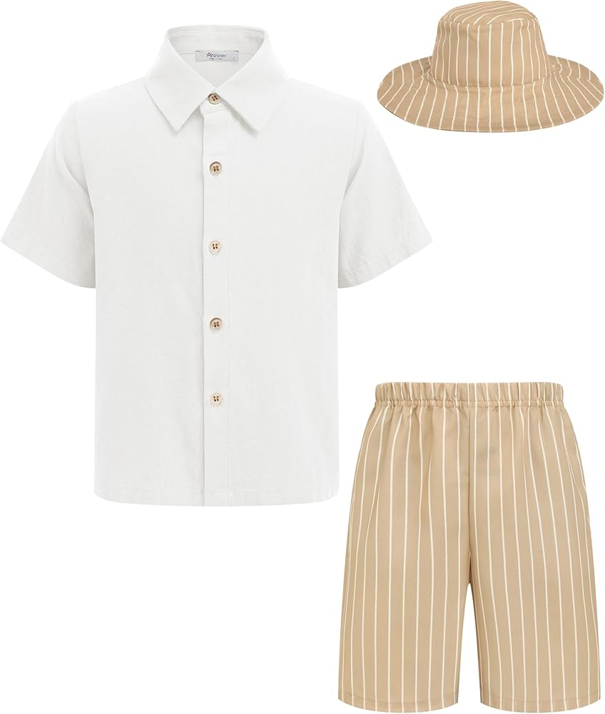 Arshiner Boy's 3 Pieces Cotton Linen Set Casual Button Down Shirts & Stripe Shorts with Bucket Hat Summer Beach Outfits White and Khaki Size 8