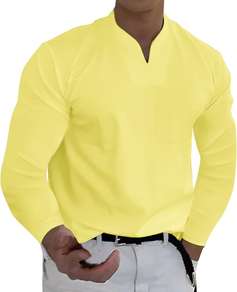 Men Spring Spring &Winter Casual V Neck Solid Long Sleeve Tee Shirt Top Blouse Boy Indoor Slipper FFFG Yellow