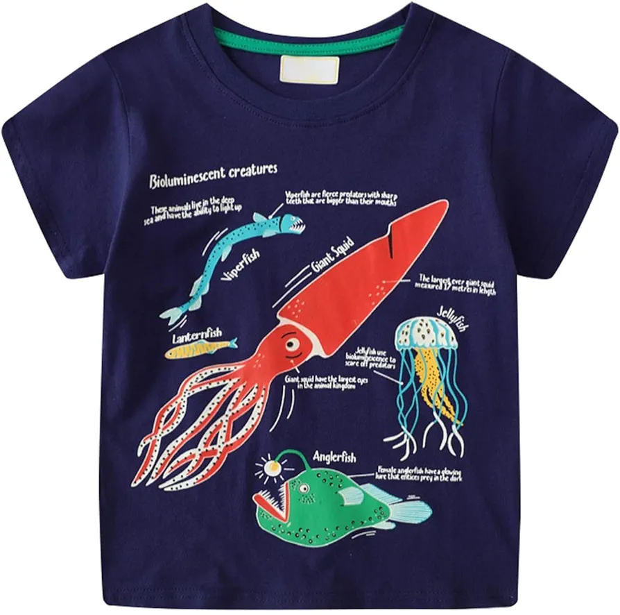 Boys Spaceship Base Marine Life Pattern Short Sleeved T Shirt Children's Male Baby Middle and Small Little Boys Tops (Dark Blue-F, 5-6 Years)