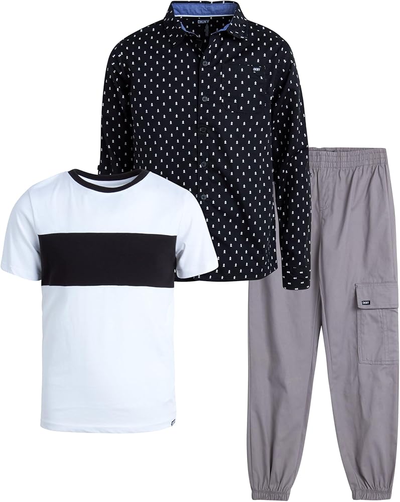 DKNY Boys' Pants Set - 3 Piece Long Sleeve Button Down Plaid Shirt, T-Shirt, Jogger Pants - Clothing Set for Boys (4-12)