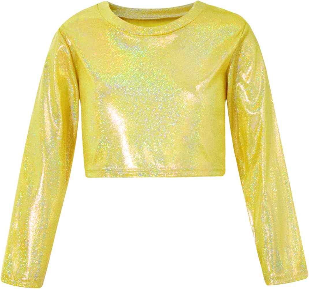 Kaerm Kids Girls and Boys Sparkling Short Sports Gymnastics T-Shirt Tee Long Sleeve Round Neck Dance Crop Top Activewear