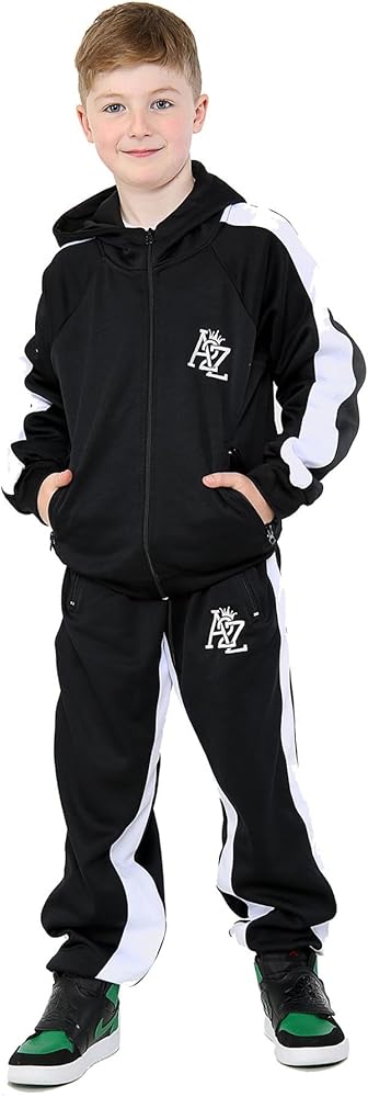 Kids Girls Boys Tracksuits Contrast Panel Black Hooded Top Bottom Gym Jogg Suits