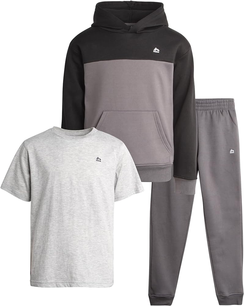 RBX Boys' Active Sweatsuit - 3 Piece Fleece Hoodie Sweathsirt, Jogger Sweatpants, and T-Shirt - Activewear Set for Boys, 8-12