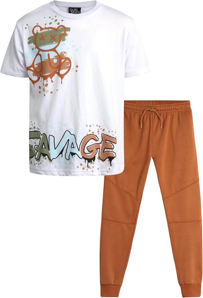 Boys' Pants Set - 2 Piece Short Sleeve T-Shirt and Fleece Jogger Sweatpants with Pockets (8-18)