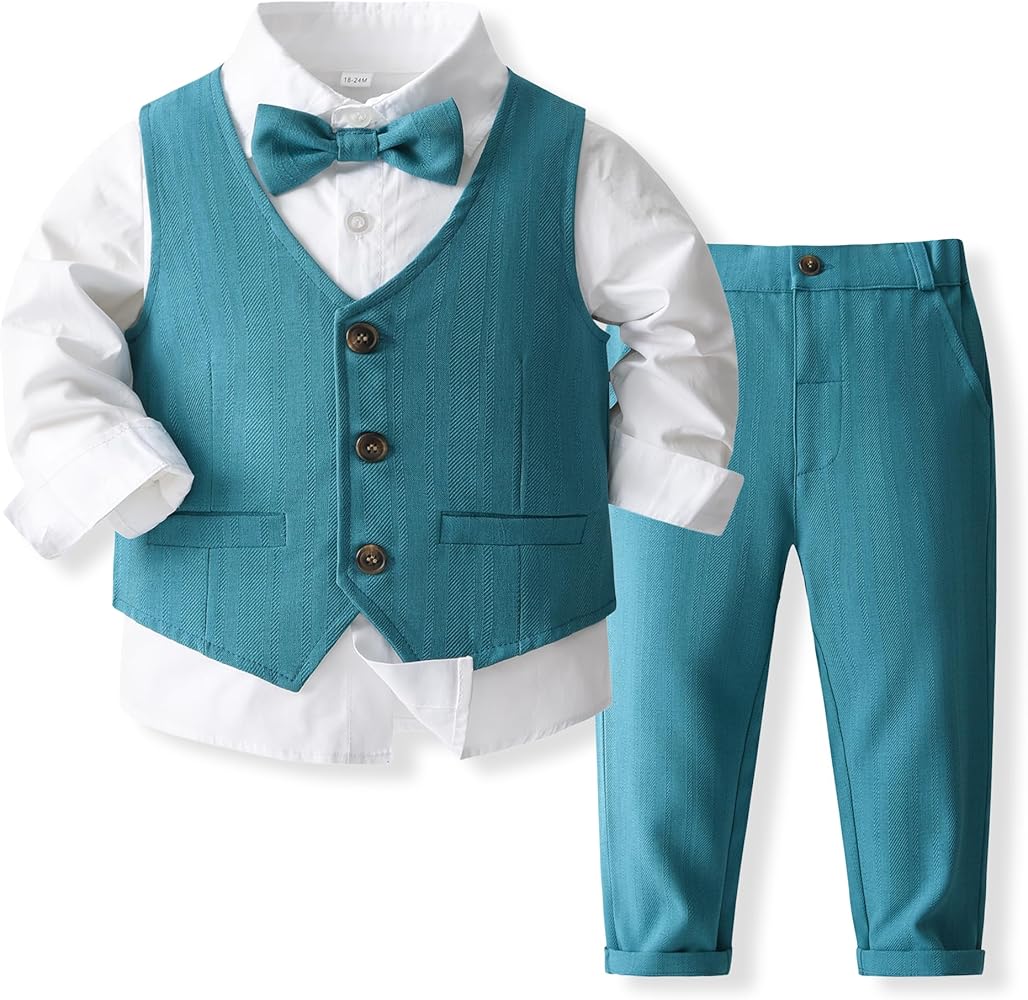 Kimocat Boys' 4-Piece Formal Suit Set Dress Shirt Vest Pants and Tie Wedding Birthday Party Suit