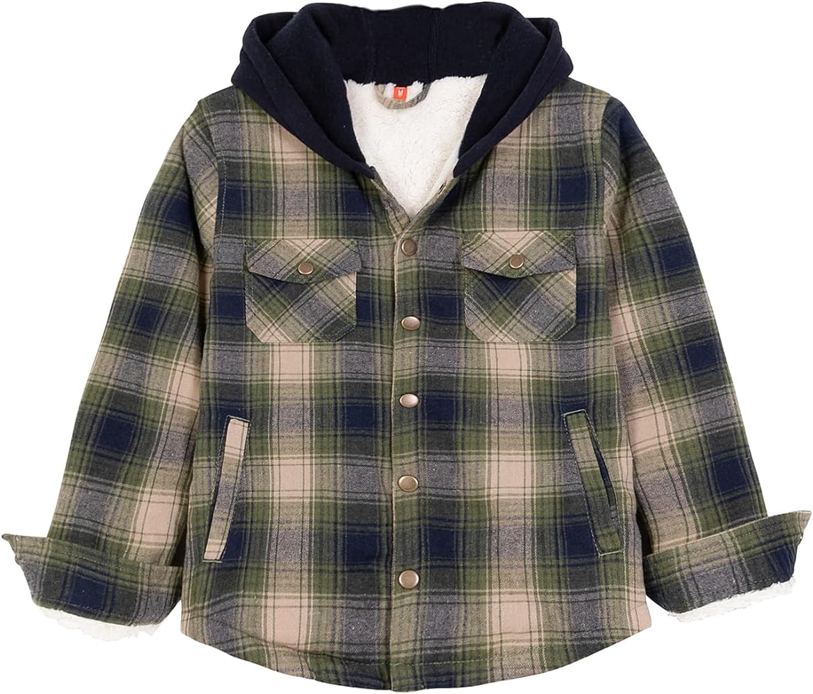 ZENTHACE Kids Boys Girls Sherpa Lined Flannel Shacket Jacket,Hooded Plaid Snap Shirt,Fall Winter Playwear